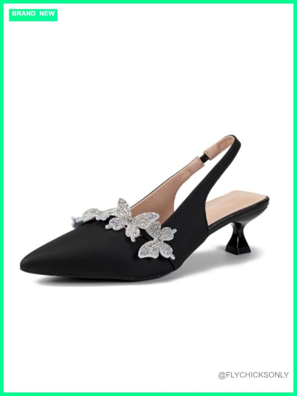 Rhinestone Butterfly Slingback Kitten Heels Pointed Toe Dress Shoes